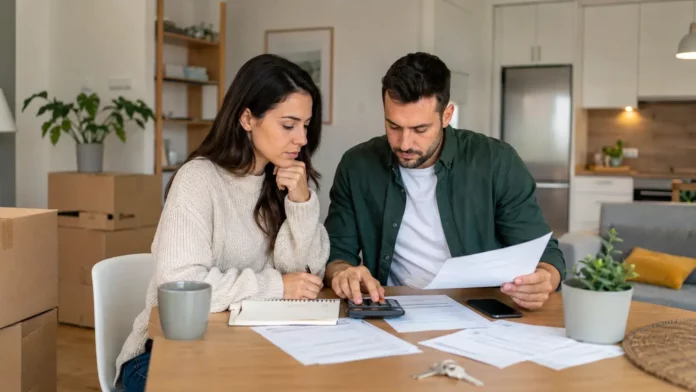 Cuplu care calculează costurile mutării în chirie și verifică actele apartamentului