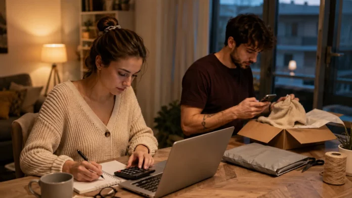 Cuplu care lucreaza seara la un side hustle acasa — fata calculeaza pe laptop, baiatul impacheteaza produse pentru vanzari online, FTB Romania