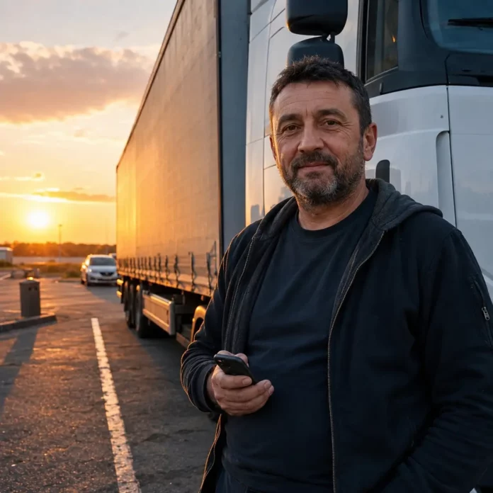 Cătălin, șofer TIR din Timișoara, stă lângă camion într-o parcare de autostradă, cu telefonul în mână și lumină de seară