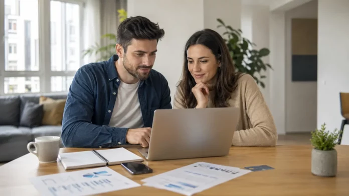 Persoană care folosește un laptop cu asistent AI pentru buget personal, cu telefon, card bancar și notițe financiare pe birou