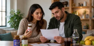 Cât costă suplimentele alimentare pe lună în România: vitamine, magneziu, omega 3, probiotice, colagen și sucuri naturale Persoană care calculează costul lunar al suplimentelor alimentare, cu suc de aronia și suplimente Aronia Charlottenburg pe masă