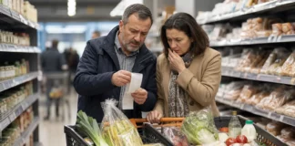 Inflația în România: am trecut de vârf, dar de ce nu se ieftinește nimic? Cuplu care verifică bonul de cumpărături într-un supermarket, pe fondul inflației din România