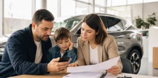 Programul Rabla 2026: vouchere, acte, condiții și cum te înscrii Familie care verifică actele pentru Programul Rabla 2026 într-un showroom auto