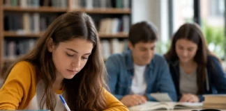 Cât e bursa, cine o ia și până când depui dosarul Elevă de liceu scriind într-un caiet la o masă din bibliotecă, cu manuale în față și doi colegi studiind în plan secund