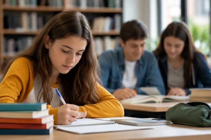 Elevă de liceu scriind într-un caiet la o masă din bibliotecă, cu manuale în față și doi colegi studiind în plan secund