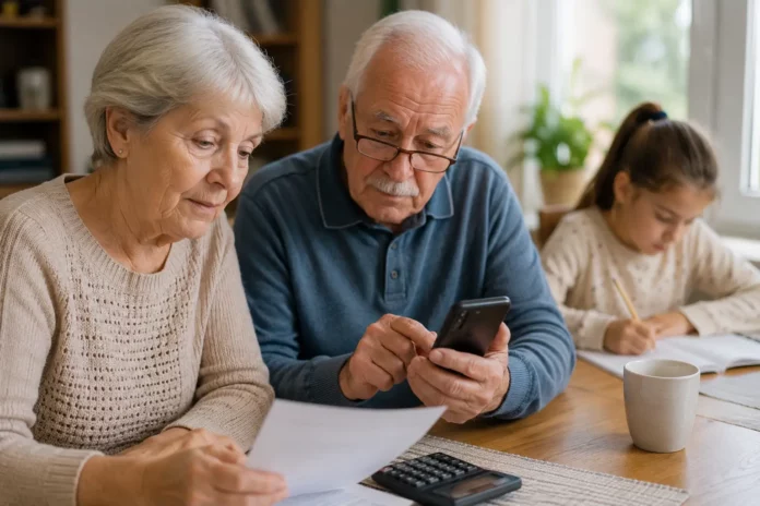 Doi pensionari verifică pe telefon dacă a intrat pensia, cu documente și calculator pe masă, iar în spate nepoata își face temele