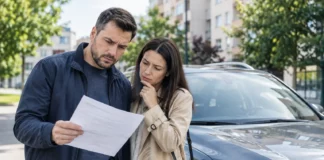 Un singur centimetru cub peste 2.000 îți triplează impozitul pe mașină Un bărbat și o femeie citesc îngrijorați decizia de impunere pentru impozitul auto, lângă mașina lor