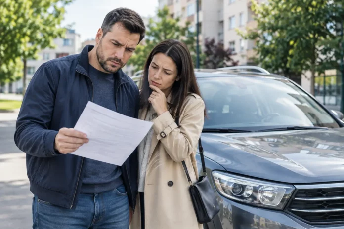Un bărbat și o femeie citesc îngrijorați decizia de impunere pentru impozitul auto, lângă mașina lor