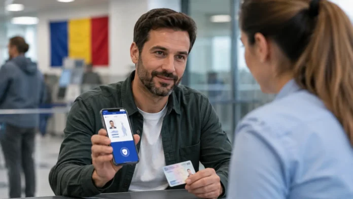 Persoană folosind RO Wallet pe telefon pentru identitate și acte digitale în România