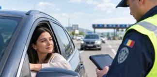 Toată lumea scrie că rovinieta se scumpește. Pentru jumătate din mașini, se ieftinește Un agent verifică pe tabletă rovinieta unei șoferițe oprite în control pe un drum național din România