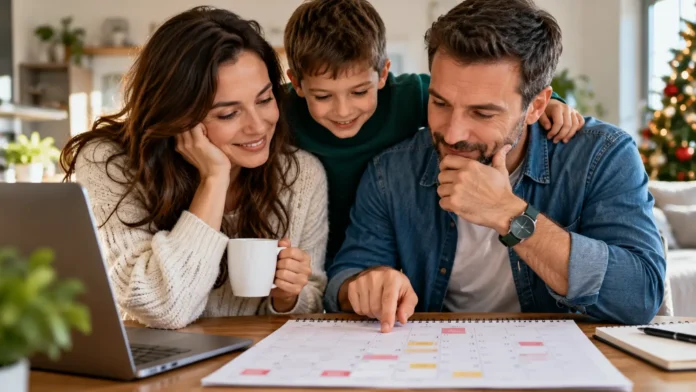 Părinți și copil care se uită împreună în calendar și aleg zilele libere din 2027 pentru minivacanțe, cu bradul de Crăciun în fundal
